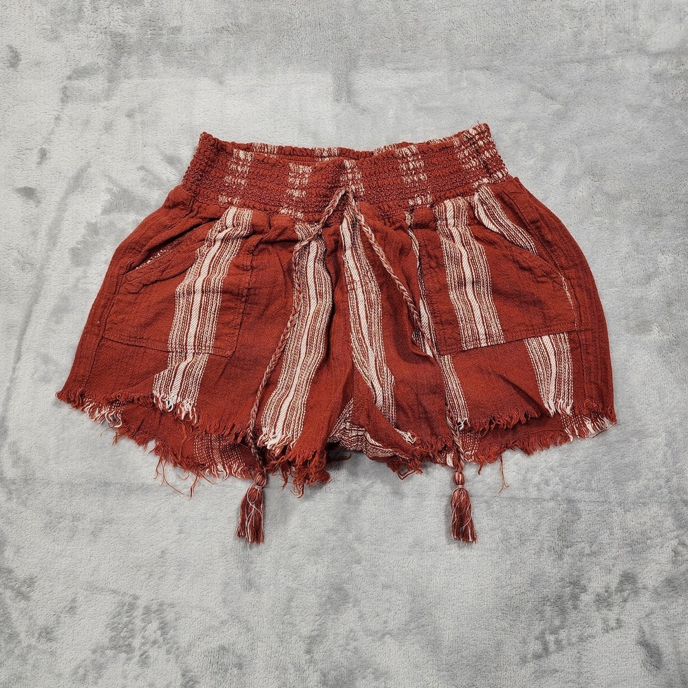 Rewash Shorts Womens L‎ Orange Striped Linen Blend Fringe Tassel Boho Casual
